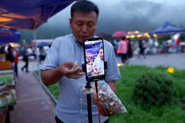 圖片默認標題_fororder_細雨中“土特産”白蘑直播售賣 張丹攝