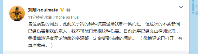 吴莎遭诽谤刘翔发声怒斥造谣者：有事冲我来