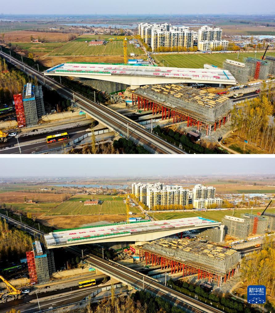 济曲快速路上跨京沪铁路立交桥连续梁转体成功