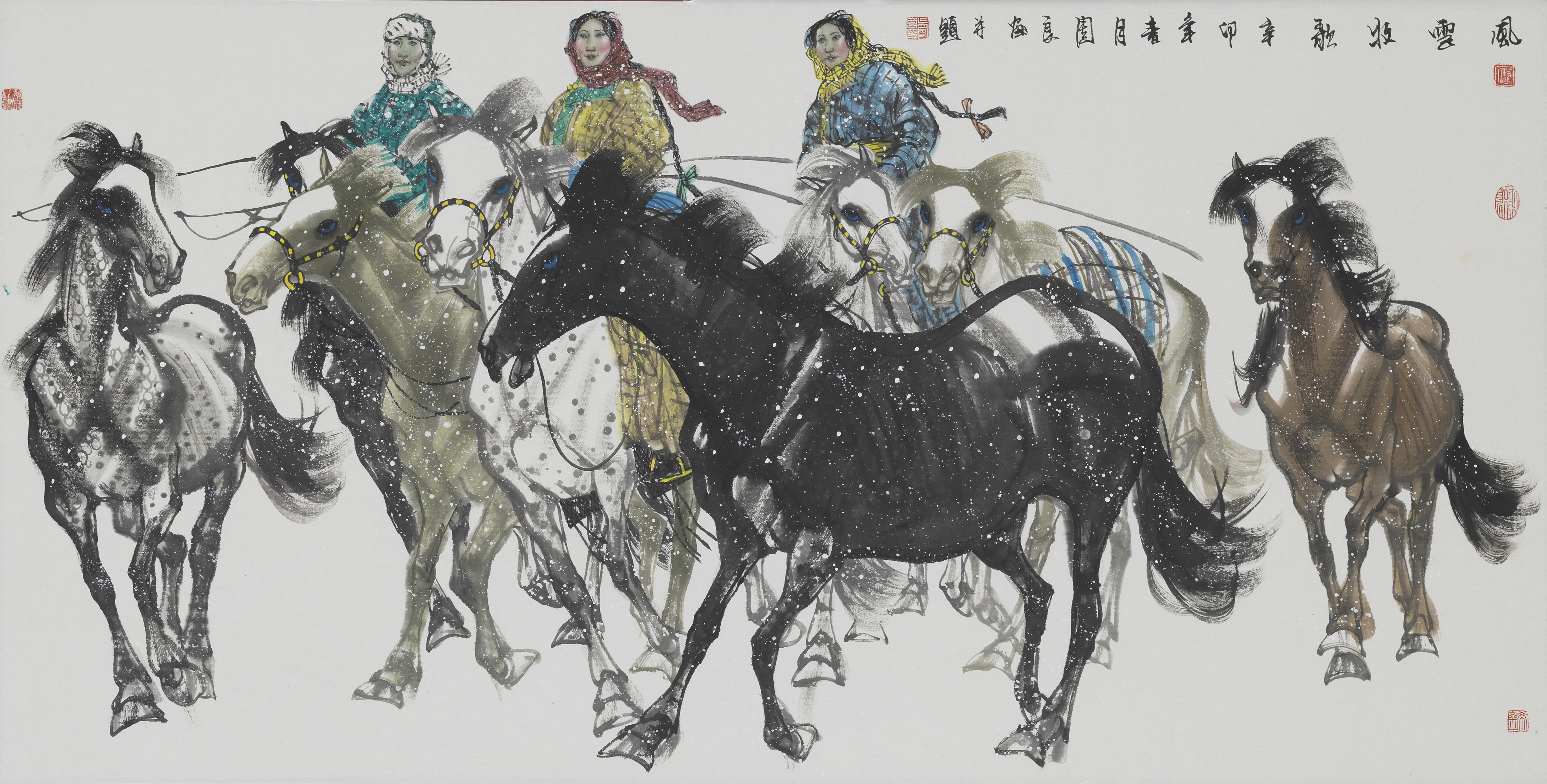 蒙古马精神——内蒙古美术摄影作品展将在中国美术馆展出_fororder_3.吴团良《风雪牧歌》中国画 68cm × 137cm2011年