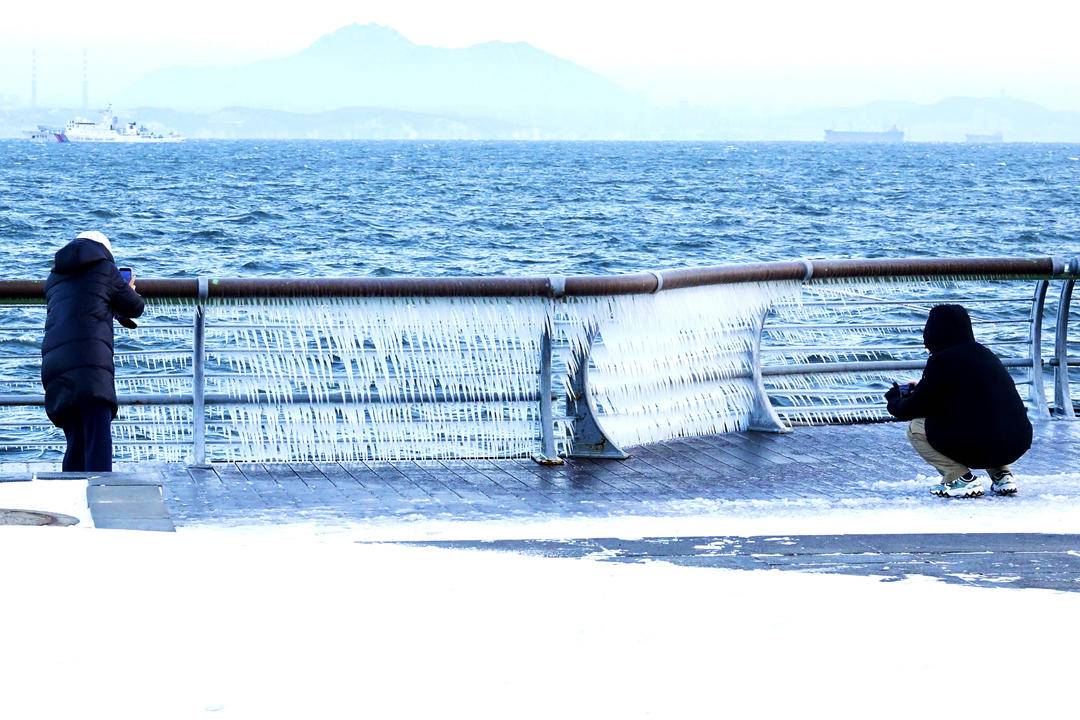 剔透！大連海岸挂冰淩