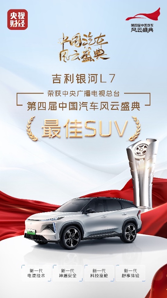 Geely Galaxy L7 won the best SUV of the year at CCTV China Automobile Festival, becoming the first domestic new energy brand to win this honor _fororder_image002