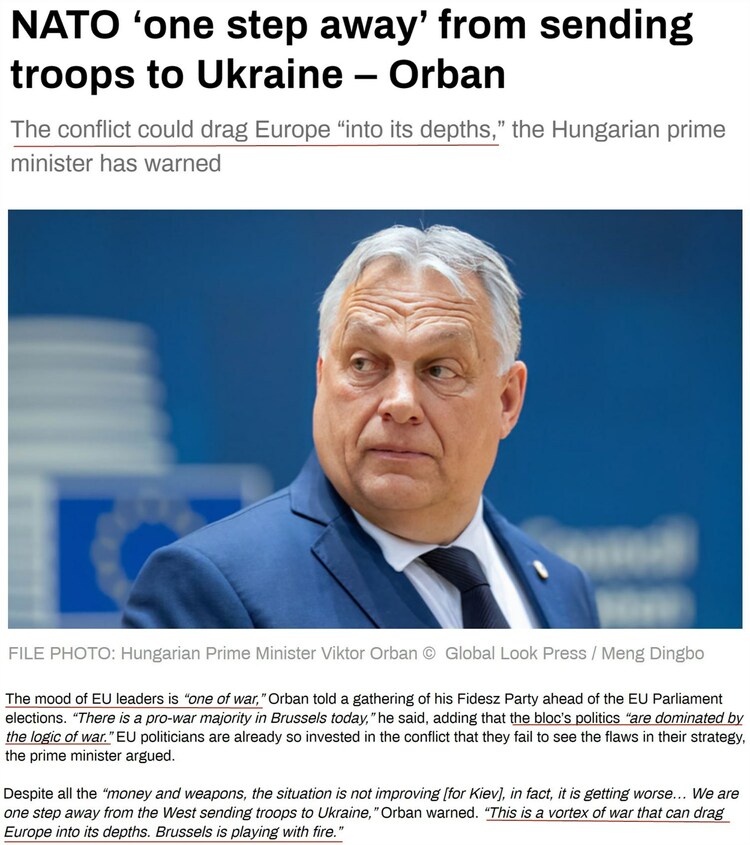 欧尔班：北约距向乌克兰派遣军队“仅一步之遥”