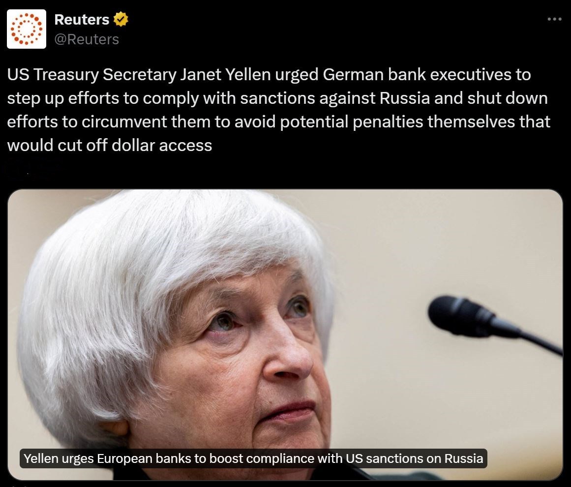 美国财长威胁制裁德国银行 专家称西方为遏制俄罗斯“不择手段”