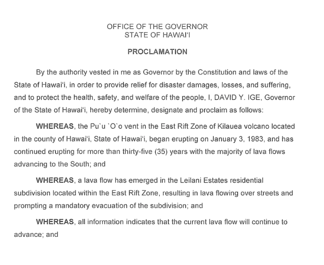 夏威夷州州长David Ige发布紧急通告，并授权为火山喷发造成的损害提供快速有效的救济资金。_fororder_微信截图_20180505103055