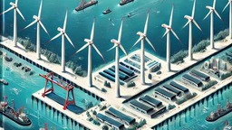 全国首个防波堤风电项目获批_fororder_DALL·E 2024-07-11 10.55.42 - A cover illustration showcasing the innovative Huaneng Tianjin Port Dongjiang North Breakwater Wind Power Project. The image features the project loca