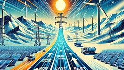 西电东送特高压建设助力新能源“送得出”“用得好”_fororder_DALL·E 2024-07-11 10.49.38 - A vibrant poster showcasing the journey of clean energy from Western China to Eastern and Central China. The poster features two main scenes_ on the l