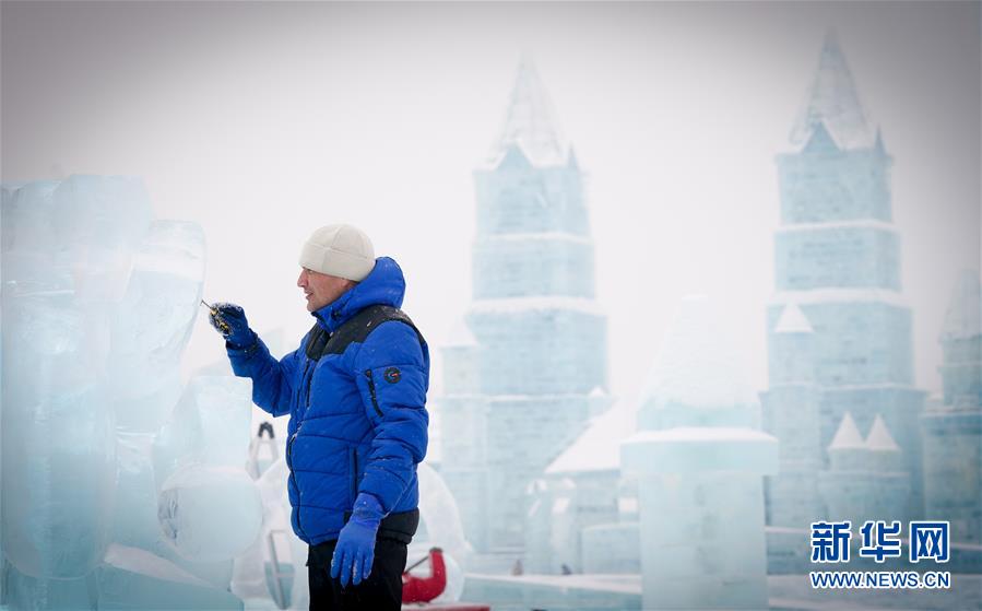 哈爾濱國際冰雕比賽：“芳容”初現