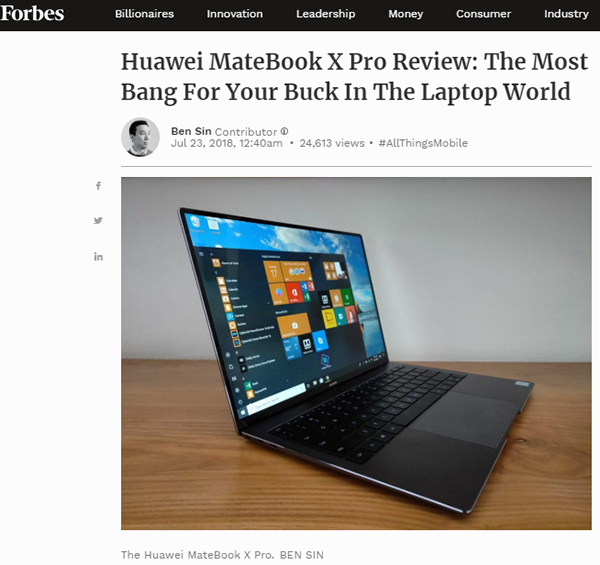 《福布斯》手动点赞华为MateBook X Pro：最物超所值的笔记本