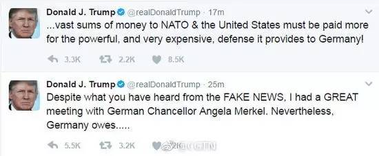 特朗普回应"拒握手默克尔":德国该还钱了