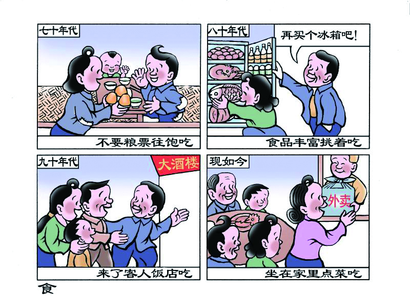 今年78岁的国凤义最近手绘了主题为《我家这四十年》的4组共16幅漫画