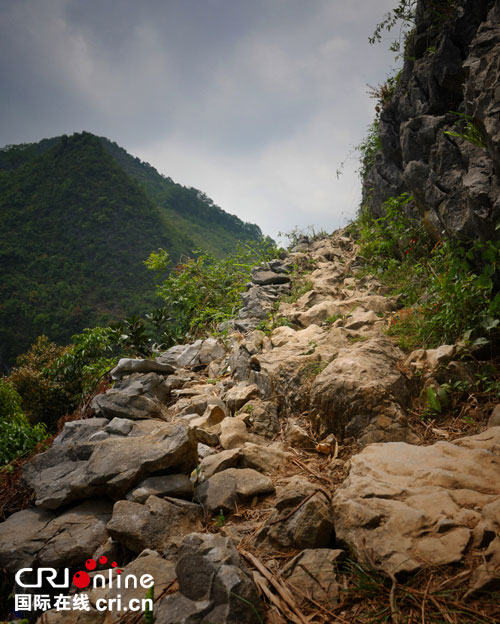 八好村通屯的山路,都是这样的崎岖不平的石头路.