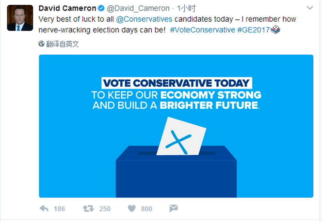 英國前首相卡梅倫在社交軟體發佈推文