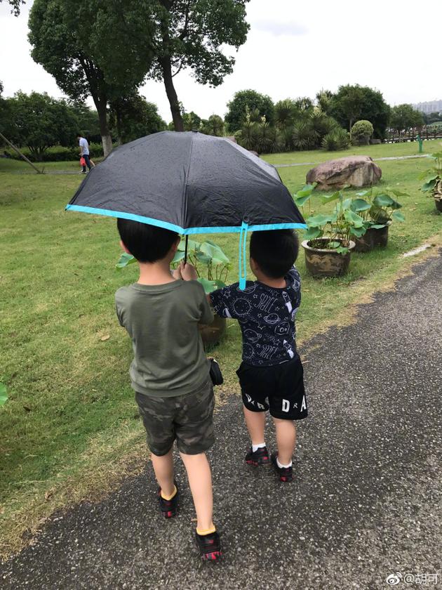 胡可沙溢兒子安吉為小魚兒撐傘 雨中背影溫馨可愛