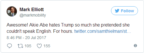 特朗普称坐在安倍夫人旁近2小时她不会讲英语 英媒：可能是装的